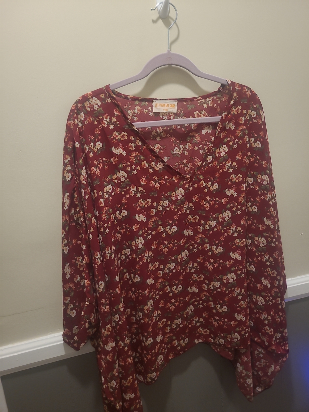 Let Them Eat Cake Blouse Womens Oversized Small Burgundy Floral Business Career